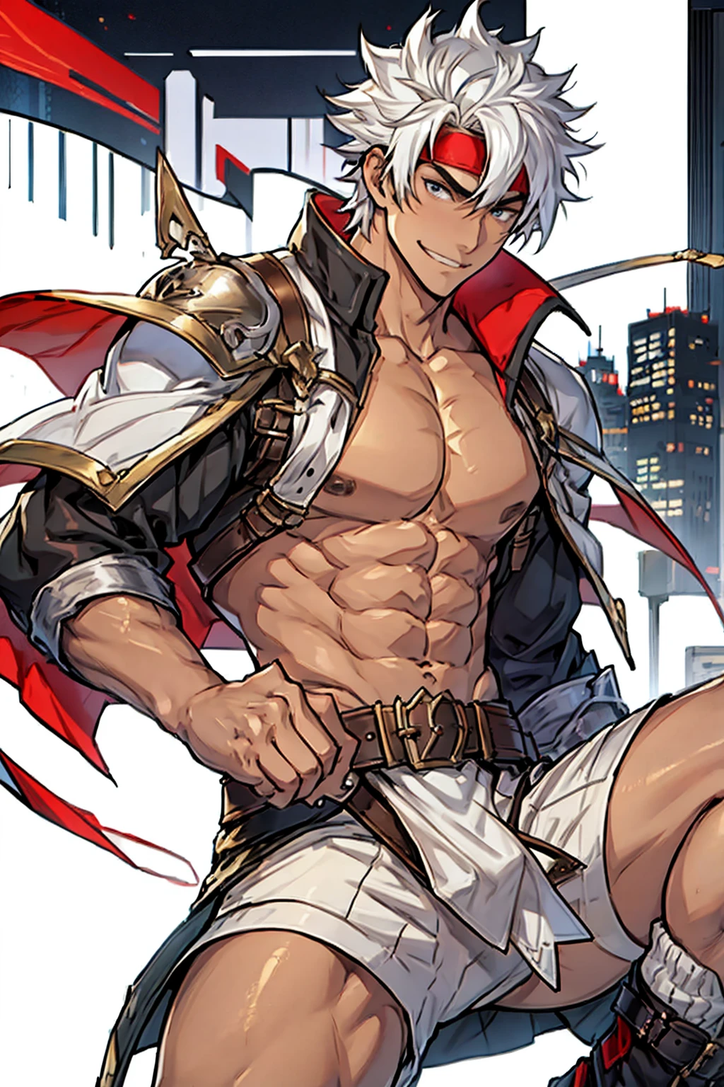 The highest image quality,male persons,Gamine,1 boy,Young and beautiful,Exhibited,White hair,short-length straighthair,Dark skin,anime,anime wallpaper,Alone,malefocus,underdressing,Dilation of the pectoral muscles,Protruding red lid,City Fund,spread your legs,sexy for,(main part, Best quality at best),Red martin white stockings,