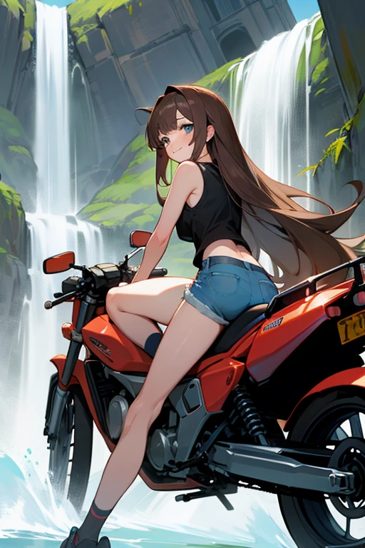 a cartoon girl with long anime hair is sitting on a motorcycle near a waterfall and is drawn well, 1girl, ground vehicle, motor vehicle, solo, motorcycle, shorts, long hair, looking at viewer, brown hair, ass, blue eyes, smile, short shorts, bare shoulders, sleeveless, sleeveless shirt, thighs, black shirt, shirt, bare arms, closed mouth, blush, bangs