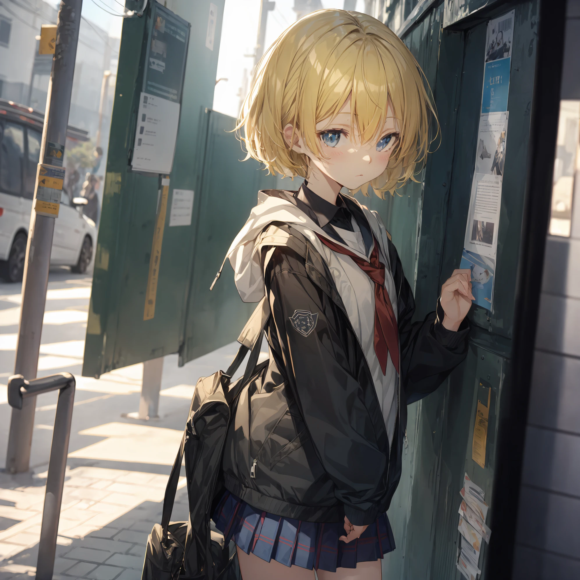 Top quality by creator God, Ultra-detailed, anime moe art style,Best Anime 8K Konachan Wallpapers,Pixiv Contest Winner,Perfect Anatomy, BREAK,(Draw a girl sleepily walking to school. ),BREAK, 1girl in, (Solo,Lori,child,13years:1.3),a junior high school student, Androgynous attraction, (Very short hair), hair messy, Full limbs, complete fingers, flat chest, Small butt, groin, Small eyes,Beautiful detailed black eyes, Well-proportioned iris and pupils, disgusted eye, School uniform, Skirt,On the way to school. BREAK,High resolution,super detailed skin, The best lighting by professional artists, 8K, Illustration,