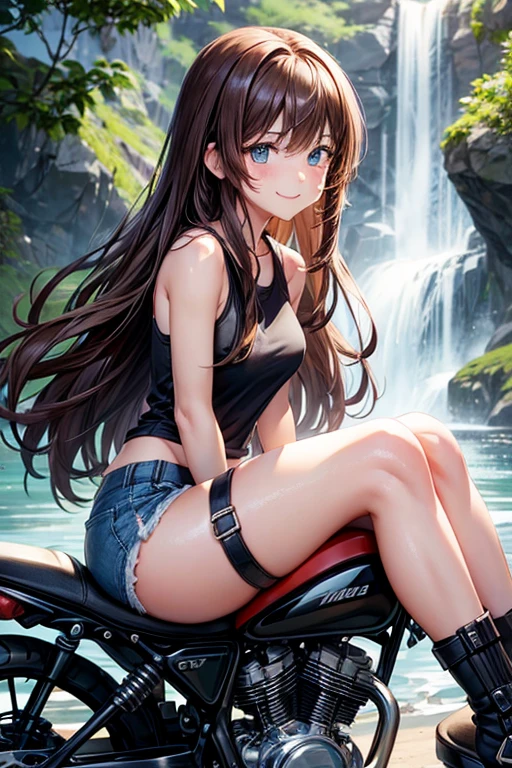 a cartoon girl with long anime hair is sitting on a motorcycle near a waterfall and is drawn well, 1girl, ground vehicle, motor vehicle, solo, motorcycle, shorts, long hair, looking at viewer, brown hair, ass, blue eyes, smile, short shorts, bare shoulders, sleeveless, sleeveless shirt, thighs, black shirt, shirt, bare arms, closed mouth, blush, bangs