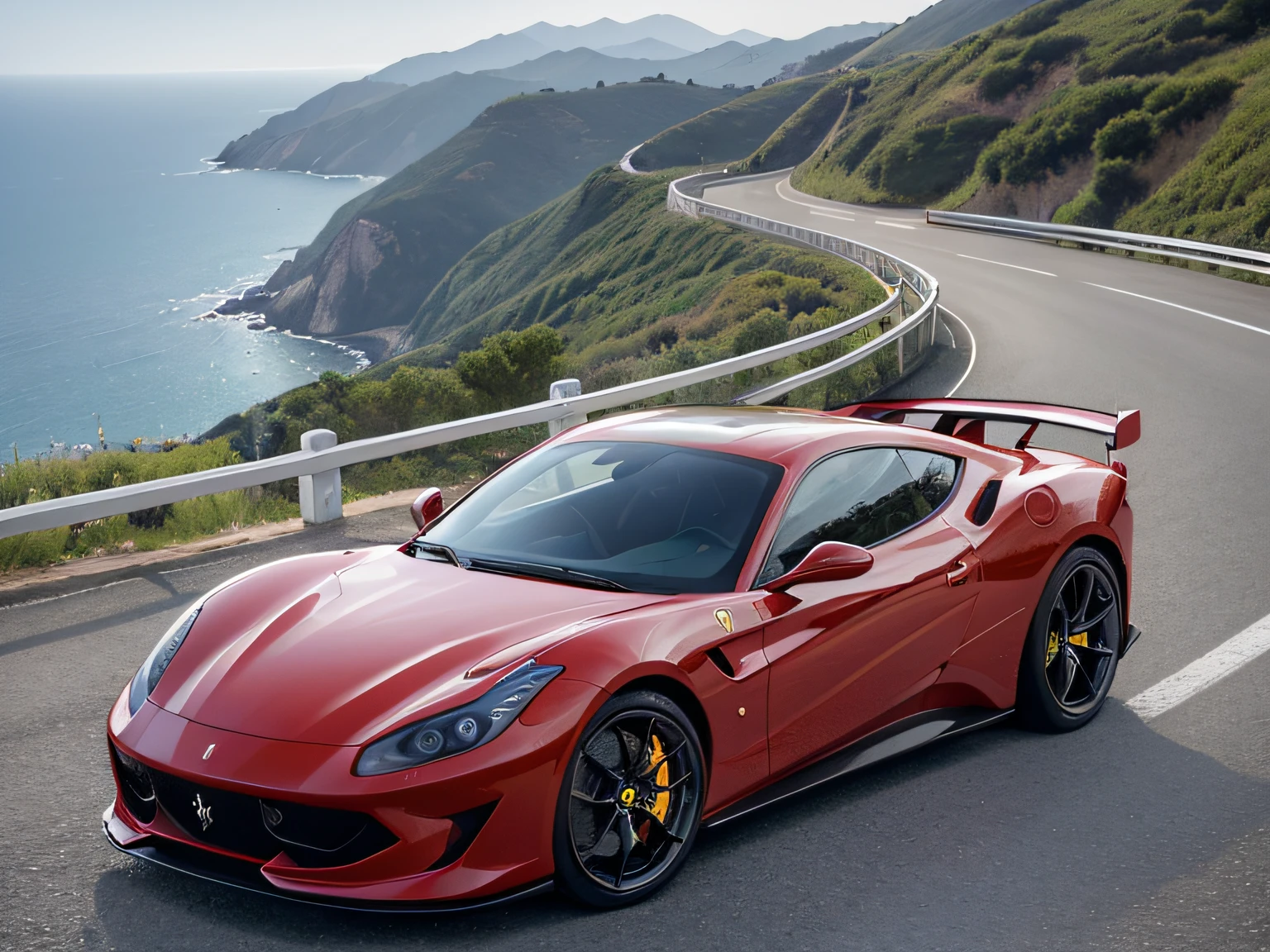 超A high resolution、An ultra-high picture quality、8K、Wonderful expression with attention to detail、early summer coastline、Red sports car Ferrari Berlinetta Barcelona sports coupe stopped on a mountain road