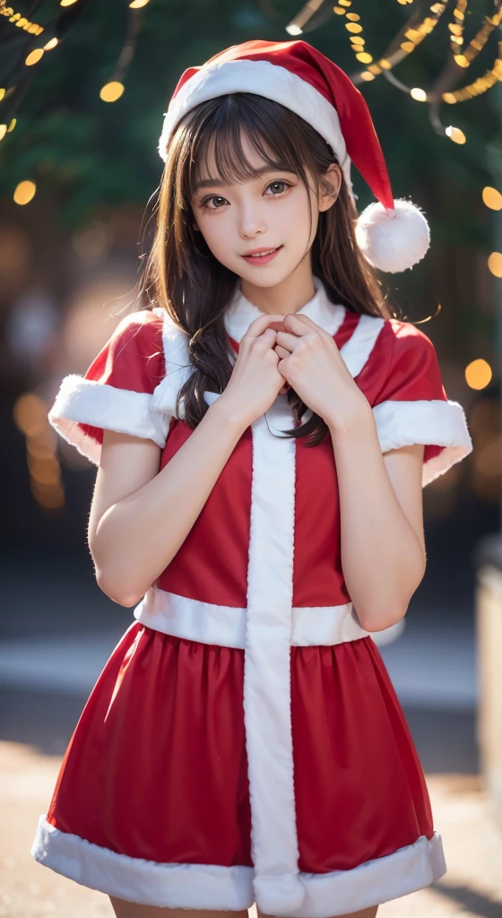 tre anatomically correct,Masterpiece of,High image quality,(Cute Santa Claus costumes:1.5),(The material of the costume is high-quality silk:1.4),20 years old, Japan Female, (Random posture:1.4),Professional Lighting,((Japan hair)),((Natural smile)),The ultra-detailliert、High quality textures、intricate detailes、detaileds、Very detailed CG、High quality shadows、Detail Beautiful delicate face、Detail Beautiful delicate eyes、depth of fields、Ray traching,1girl in, japanaese girl, Fashion Model, slender,Warm atmosphere,Outdoors with a Christmas atmosphere