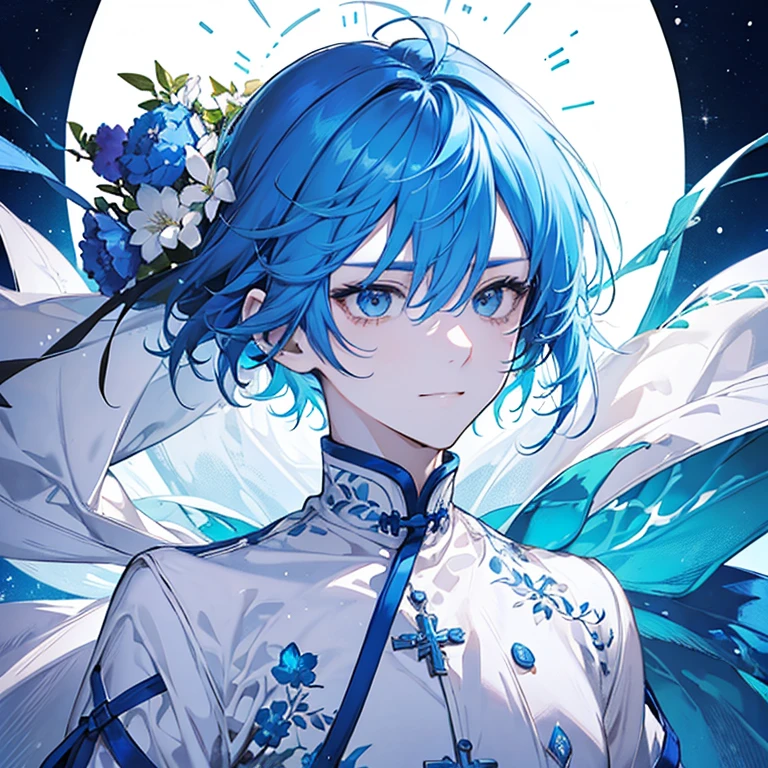Blue-haired、beautiful hairl、short-hair、Cuticle hair、neuter、((male people))、A slight smil、Calm、Gentle、Full body like、Manteau blanc、experiment、White background
