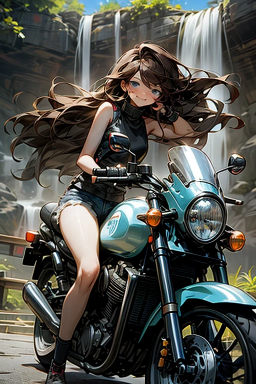 a cartoon girl with long anime hair is sitting on a motorcycle near a waterfall and is drawn well, 1girl, ground vehicle, motor vehicle, solo, motorcycle, shorts, long hair, looking at viewer, brown hair, ass, blue eyes, smile, short shorts, bare shoulders, sleeveless, sleeveless shirt, thighs, black shirt, shirt, bare arms, closed mouth, blush, bangs