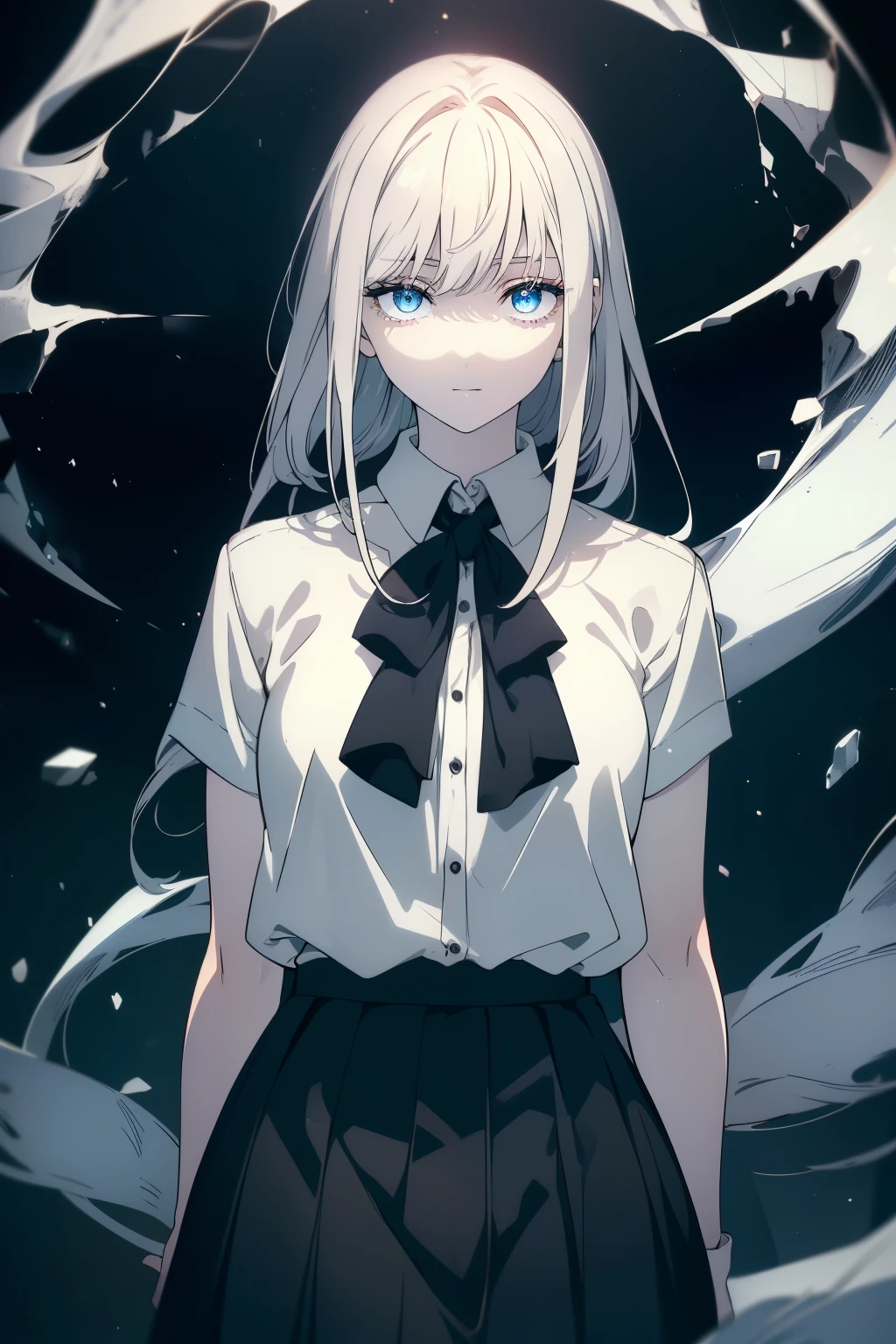 (Obra maestra, La mejor calidad, ultrahigh resolution), 1girl, standing, school uniform, white office shirt, black pleated skirt, ((light brown, light brown hair:0.7), long hair cut, pale skin, ((blue eyes)), glowing_eyes, neon eyes, (ultra detailed eyes, beautiful and detailed face, detailed eyes), ((centered)), smile, ((wide shot)), facing viewer, eye level, (blurry background, bright snowy background, winter), flat chested, looking at viewer, ((half closed eyes)), ((perfect hands)), (((head, arms, hips, elbows, in view))), ((hands behind back)), empty eyes, beautiful lighting, outside, outdoors, background, defined subject, 25 years old,