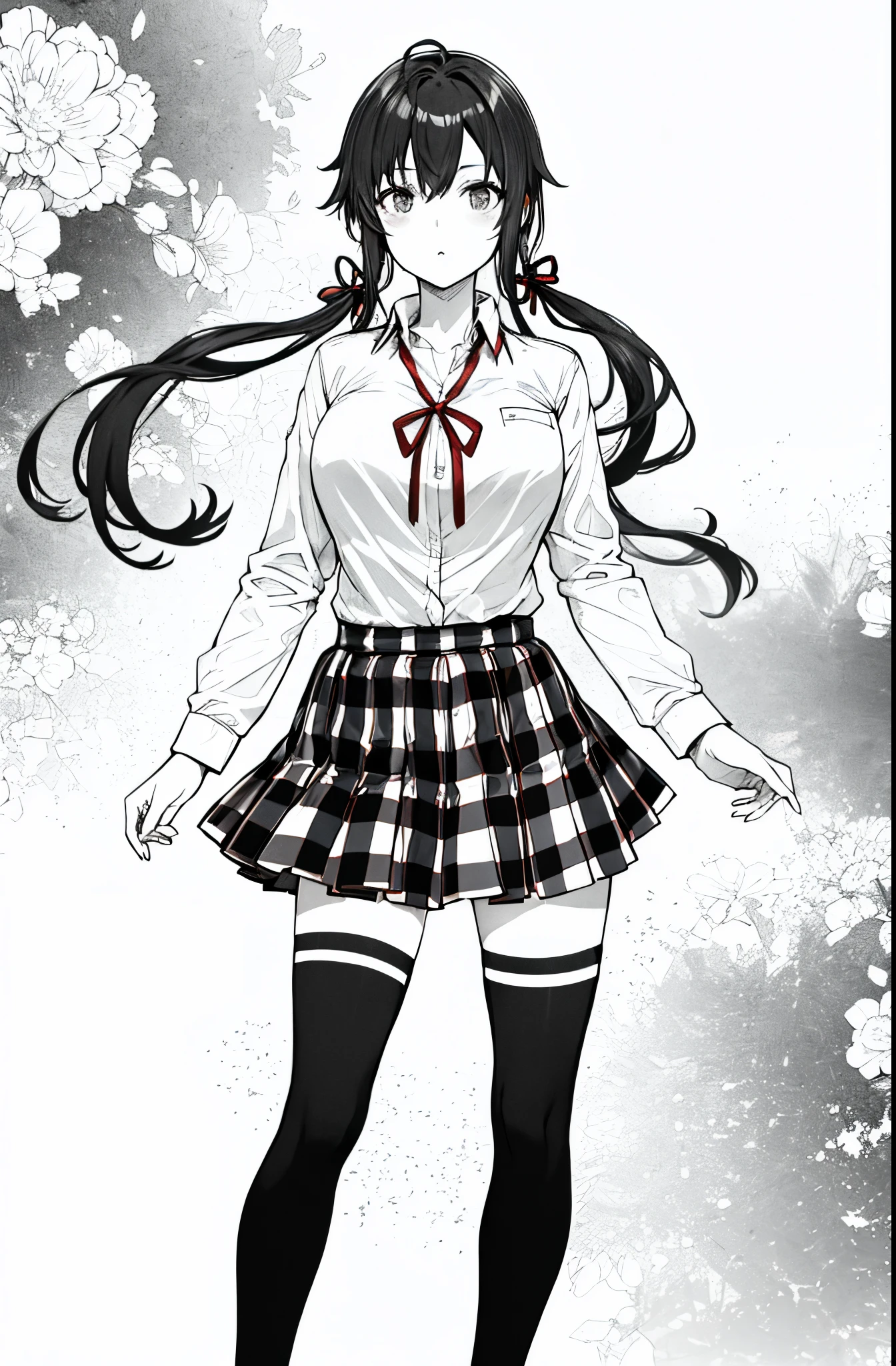 yukino yukinoshita, absurdres, highres, solo, school uniform, big breasts, waist long black hair, twintails, miniskirt, black thighhigh socks, loose red ribbon, unbuttoned white shirt