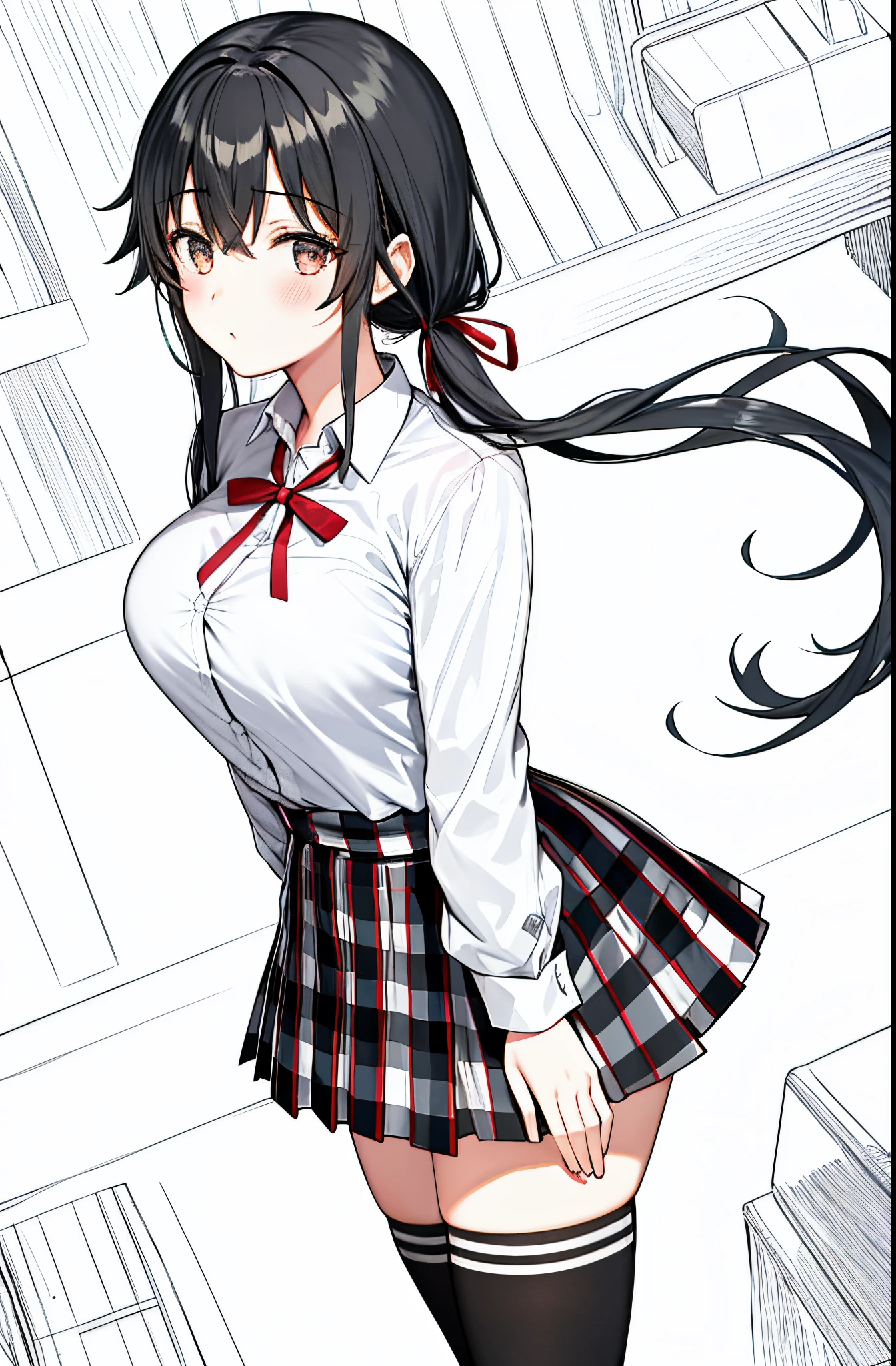 1 girl as yukino yukinoshita, absurdres,  highres, solo, school uniform, , waist long black hair, (twintails:0.5), miniskirt, black thighhigh socks, loose red ribbon, unbuttoned white shirt