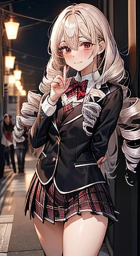 (tmasterpiece:1.2, quality), (actual, realisticlying:1.4), Beautiful illustration, NSFW, 
looking at viewert, cow boy shot, Front view:0.6, 
1 girl, , female high-school student, blond hairbl, (long whitr hair:1.8), (Drill your hair:1.7), By bangs, hair between eye, red eyes, :0.8, (thick hairy thighs, pretty  face, 美丽细致's眼睛, Beautifulcollarbone, beaturiful body, The beautiful, beautiful thigh, pretty legs, beautiful fingers beautiful scenery), zori, lamp post, pedestrian walkway, 
((maroon blazer, Pleated mini skirt, sockes, black private school:1.2, Houndstooth pleated skirt, Red plaid bow tie)), in pink, 
(swollen), ((lacivious pose: 1.2, attractiveness: 1.2)), (idle),
('s, sexy for, Upper Eye, ssmile), Glossy glossy skin, 
s the perfect face, Cute and symmetrical face, natural side lighting, 电影灯光), 
foot on foot,