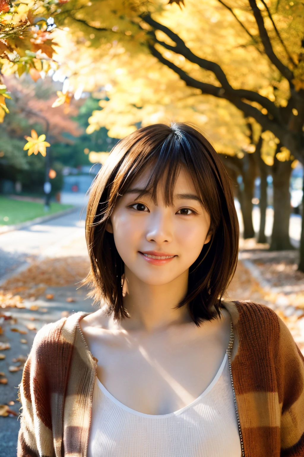 (actual:1.3), Rembrandt lights, (tmasterpiece:1.2), (realisticlying:1.2), (Best quality at best), (Delicate skin:1.3), (Complicated details), Ray traching,1个Giant Breast Girl, japanaese girl, 21yo, Detailed skin texture, (Be red in the face:0.5), sub surface scattering, Smiling, Coiled hair, By bangs, hair between eye, hair adornments, komono, Floral, wearing edgJF_komono, fine seat (Sunny days, autumn environment, Autumn trees and leaves, (It was originally transparent:1.2)