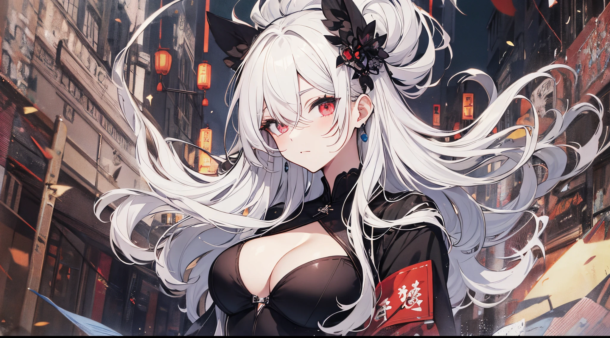 ((tmasterpiece:1.4, Best quality))+, (hyper-detailing)+, (exquisite red eye:1.5)+, (Detailed ears:1.5), (cute girls), (garments:1.5), Tight black silk, Very long hair, (Taijitu:1.2), pale-skinned, (white cloth:1.5), (cloth shoes:1.4), Taoist temple, High hills, stone statue, censer, dense fog, delicate legs, (Taoist:1.1), (dawn light:1.2), ), (closeup cleavage:1.1), the only person, Hairbell, White hair, hair covering one eye, V-shaped eyebrows, Gloom (Expressing the), from below, Best quality, A high resolution, high detal, high high quality, 16k