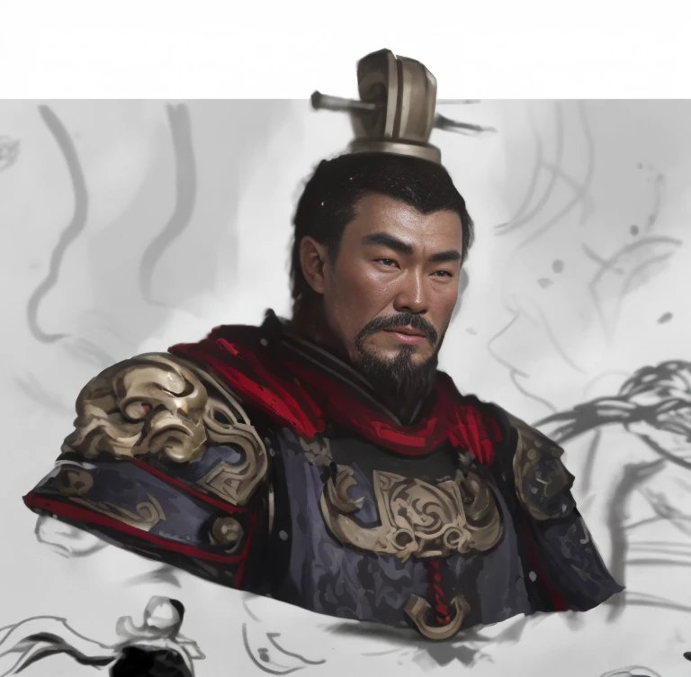 Inspired by Huang Shen, Riot Games Concept Art, guan yu, Inspired by Huang Ding, Inspired by Zhang Sengyao, Ross Tran and Wallop, WLOP and Ross Solan, Chen Yongkang (ross tran) and Wu Bayad (upayad), bian lian, Inspired by Zhibai, Ancient China, robe, natta, themoon,Ancient Chinese general，armor，Beast head，Red cape