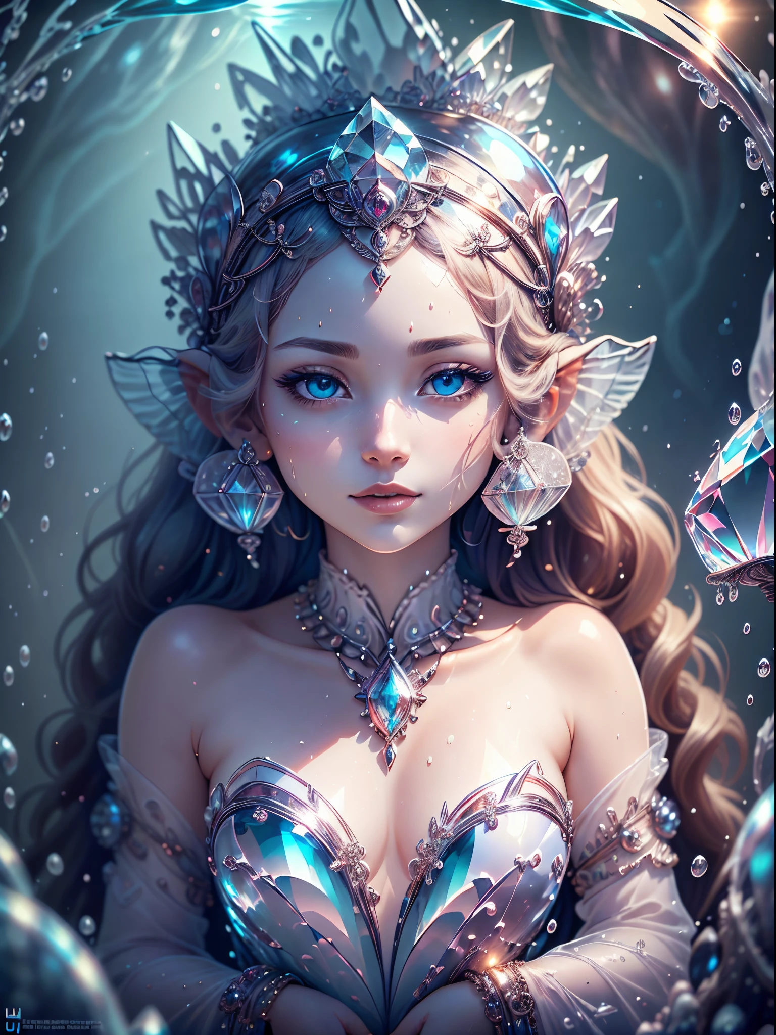 (a face focus portrait of a graceful water goddess with beautiful clear eyes, luminance long hairs, crystal decorations, wears a crystal crown on her head, a mystical being of ethereal beauty, amidst an underwater place, a sun-dappled in the water that exudes an air of ancient magic and wonder.) Centerpiece, aura of enchantment, exquisite details, delicate features, captivating presence, transparent, confident expression, glow with stunning luminous clear radiance, sharp focus, dreamy lights, UHD, HD, 8K