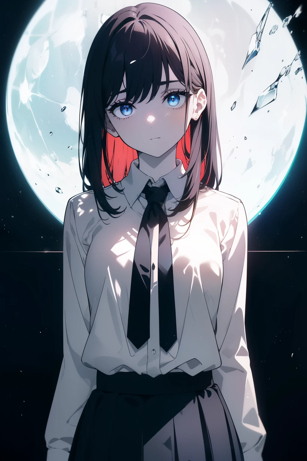 (((Obra maestra, La mejor calidad, ultrahigh resolution))), 1girl, standing, school uniform, white office shirt, black pleated skirt, ((light brown hair:0.7)), long hair cut, pale skin, ((blue eyes)), glowing_eyes, neon eyes, (((ultra detailed eyes, beautiful and detailed face, detailed eyes))), ((centered)), smile, ((wide shot)), facing viewer, eye level, (blurry background, night sky background), flat chested, looking at viewer, ((half closed eyes)), ((perfect hands)), (((head, arms, hips, elbows, in view))), ((hands behind back)), empty eyes, beautiful lighting, outside, outdoors, shooting star:0.7, background, defined subject, massive moon, 25 years old