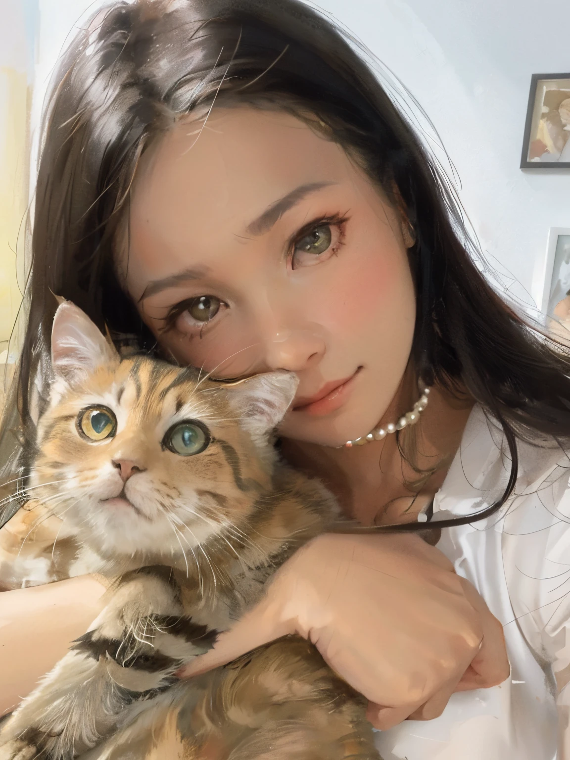 A black-haired girl sitting in a cafe holding a cat,black color hair,cute cats,Holding the cat,whitet-shirt,pearls necklace,