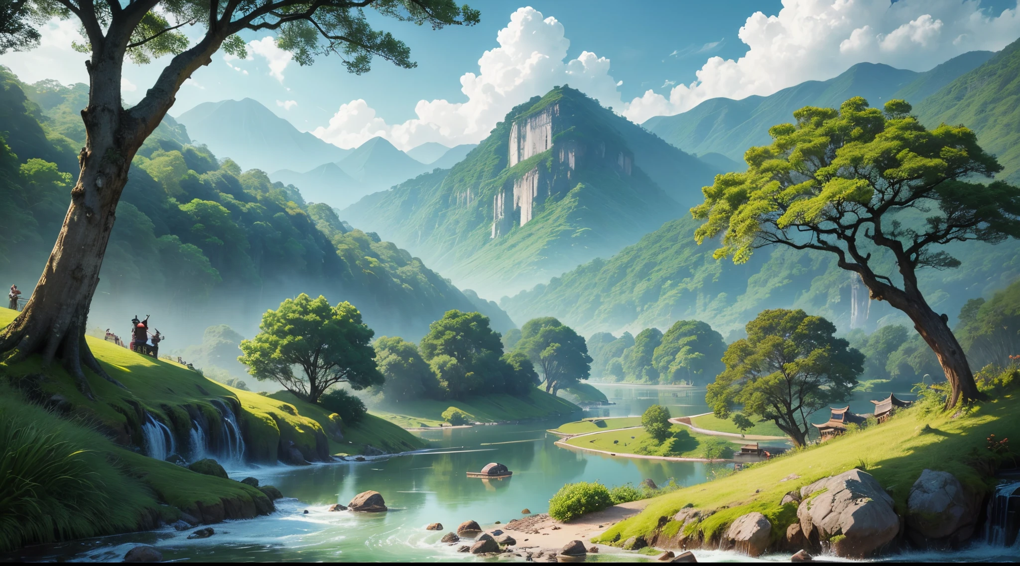 Chinese Ancient Times、springtime、jungles、Lakes, mountains and streamlowing water,that tree、grassy fields、Rochas、hydrosphere ,The light gentle,Best Picture Quality