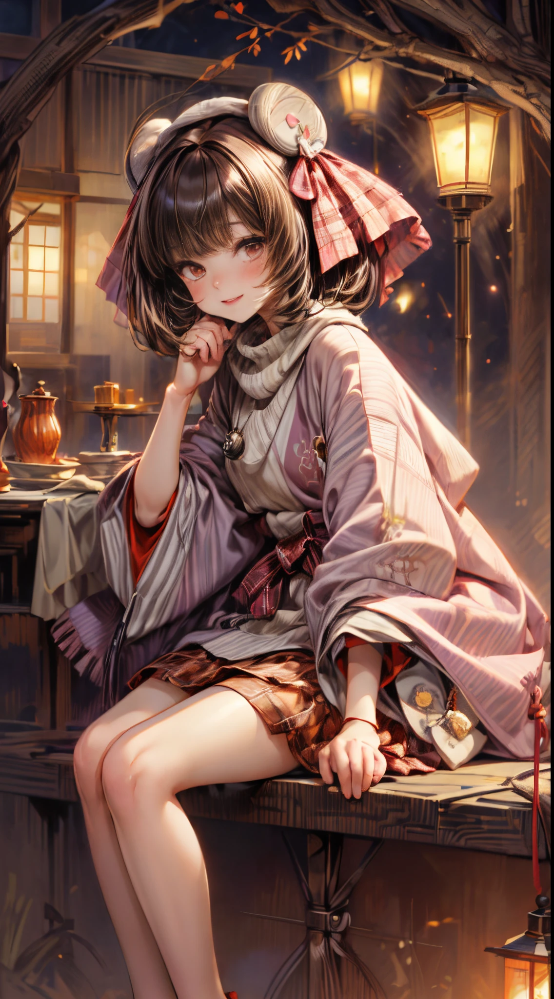 tmasterpiece、8K、32K、quality、(詳細な目)、Long brown hair，colours，(A lovely Japanese woman、through bangs)、23years old、1 girl in、Elegant、(Detailed background depiction、Potrat:1.2)、(bob cuts:1.3)、(lamplight、Yuki:1.4)、(slalom:1.2)、(wool poncho、Plaid mini skirt、upper legs, upper legs, upper legs:1.2)，(face flushed、cheerful:1.4)、(Look from the bottom up:1.3)