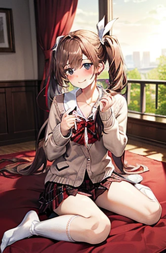 (tmasterpiece:1.2, quality), (actual, realisticlying:1.4), Beautiful illustration, NSFW,
looking at viewert, cow boy shot, Front view:0.8,
1 girl, , female high-school student, Light brown hair, (long whitr hair:1.8), (side ponytails:1.7), By bangs, hair between eye, eBlue eyes, :0.8, (thick hairy thighs, pretty face, 美丽细致's眼睛, Beautifulcollarbone, beaturiful body, The beautiful, beautiful thigh, pretty legs, beautiful fingers beautiful scenery), natta, Bright and refreshing park, And a cat,
((Pleated mini skirt, White socks, Red private school uniform:1.2, light pink cardigan, Red plaid pleated skirt, Red plaid bow tie, Red plaid headband)), in pink,
(swollen), ((lacivious pose: 1.2, attractiveness: 1.2)),
('s, sexy for, Upper Eye, ssmile), Glossy glossy skin,
s the perfect face, Cute and symmetrical face, natural side lighting, 电影灯光),
wariza,