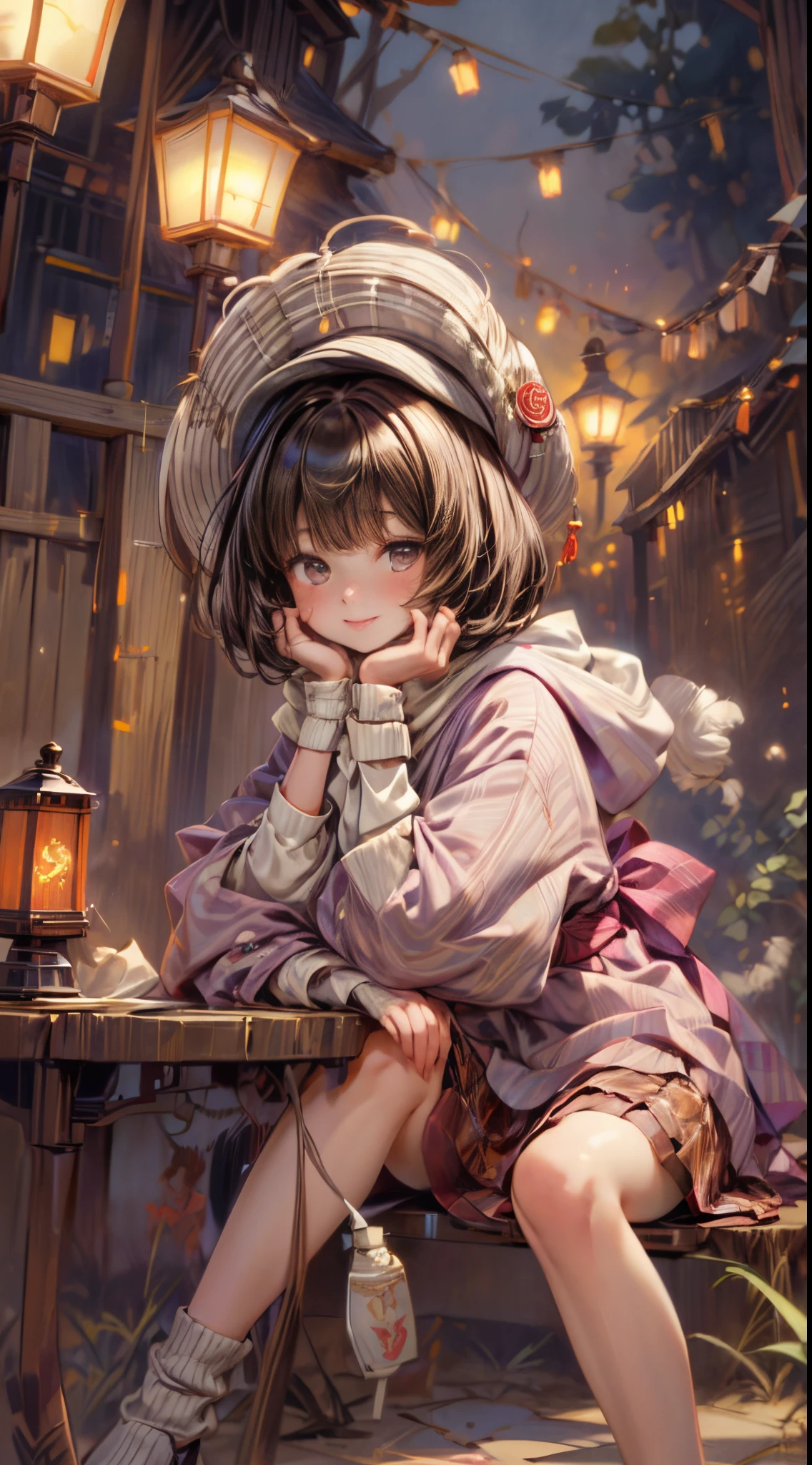tmasterpiece、8K、32K、quality、(詳細な目)、Brown hair long,colours,(A lovely Japanese woman、through bangs)、23years old、1 girl in、Elegant、(Detailed background depiction、Potrat:1.2)、(bob cuts:1.3)、(lamplight、Yuki:1.4)、(slalom:1.2)、(wool poncho、Plaid mini skirt、upper legs, upper legs, upper legs:1.2),(face flushed、cheerfulness:1.4)、(Look from the bottom up:1.3)