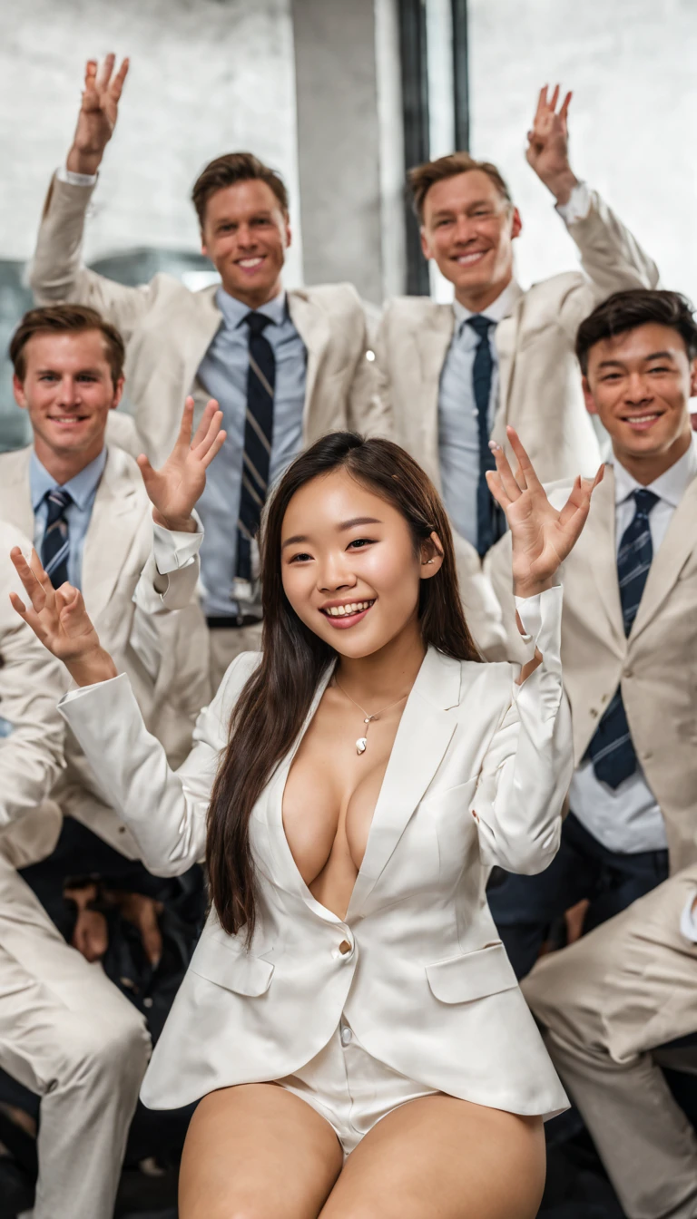 Portrait Photo a portrait, hyperdetailed full body photography, los angeles, brunette haired  18 year old college student young athletic Sunisa Lee with no clothes and thick thighs and  sitting with her hands in the air with 10 white men (in business suits standing around her)