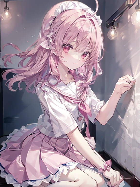 摩洛解放阵线, in pink, pink bra, H d light and dark )<=(Wonderful image quality)Dark atmosphere and bright light particles background effect)d,Beautiful and perfect legs, Clean and perfect hands