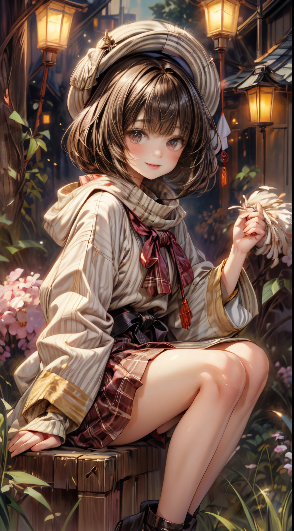 tmasterpiece、8K、32K、quality、(詳細な目)、Brown hair long,colours,(A lovely Japanese woman、through bangs)、23years old、1 girl in、Elegant、(Detailed background depiction、Potrat:1.2)、(bob cuts:1.3)、(lamplight、Yuki:1.4)、(slalom:1.2)、(wool poncho、Plaid mini skirt、upper legs, upper legs, upper legs:1.2),(face flushed、cheerfulness:1.4)、(Look from the bottom up:1.3)