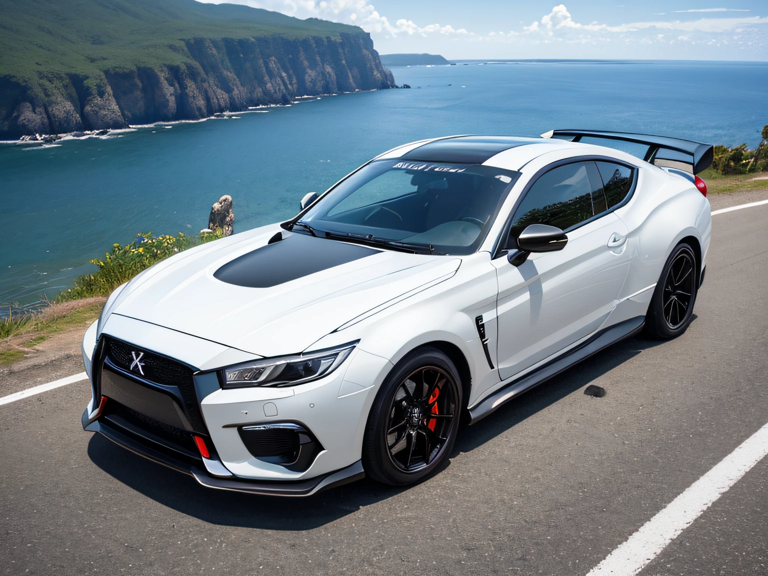 超A high resolution、An ultra-high picture quality、8K、Wonderful expression with attention to detail、early summer coastline、White sports car stopped on a mountain road Mitsubishi Starion 0GSR-X intercooler turbo　sports coupe