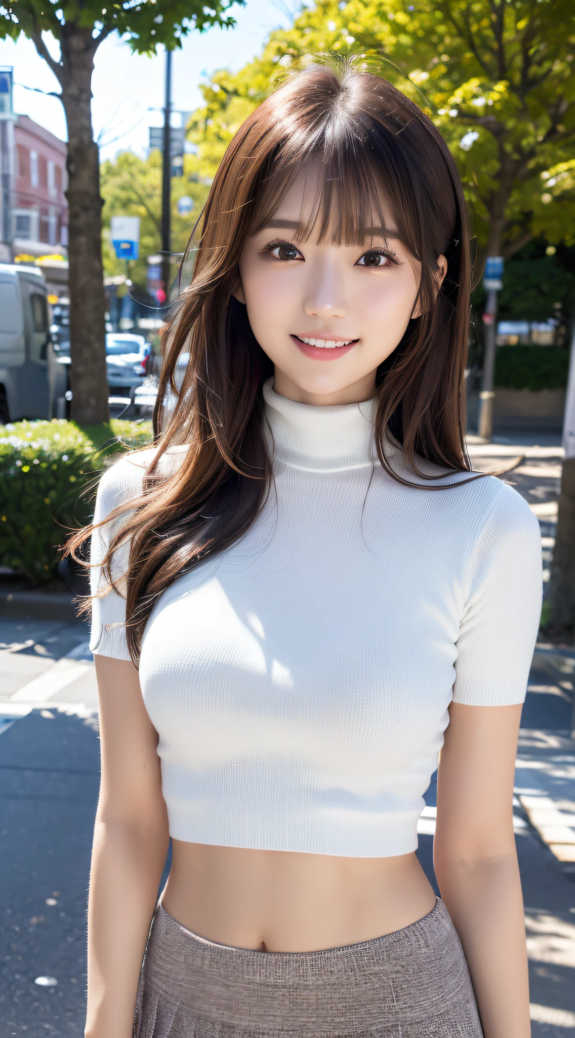 (classy girl:1.2)、(Layered Hair Style、brown haired)、long、(Refreshing smile:1.2)、((12-head body:1.2))、High neck knit,Knitted mini skirt,(Medium Breath:1.2)、(fully body photo:2.0）、(Chromo-white skin:1.2)、(Street Trees:1.2)、(Look at viewers:1.1)、 Highly detailed facial and skin texture、A detailed eye、二重まぶた、thin cheeks、 shinny skin、without a shiny small neck、shiny lip:1.4、乃木坂アイドル、hposing Gravure Idol、
