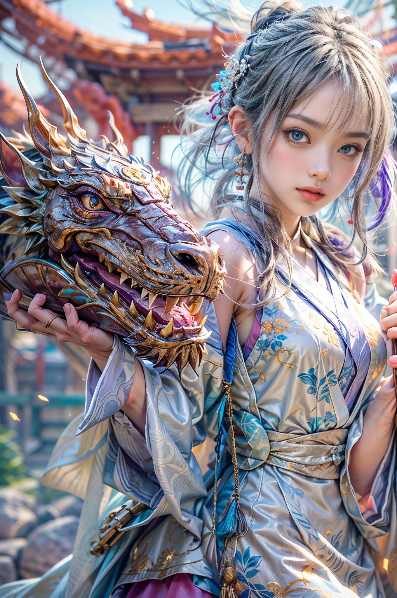 (Photoreal Stick:1.4, masutepiece:1..3, 8K), top-quality, masterpiece, 超A high resolution, Perfect dynamic composition, Professional camera work, Grow Light Effect, Mystical portrait, Cinematic Light, Highly detailed skin and facial texture:1.3, The ultra-detailliert, A detailed eye, (riding a silver dragon, carry a long noble staff), (myterious:1.3, Fanciful:1.2, tradition:1.2, legends:1.2, myth:1.2, majestueux:1.2), 1girl in, 25-years old, cute and sexy slim goddess, Fair skin, (A slight smil:0.9, Totally captivates you:1.0), (japanese kimono:1.3), (voluptuous breasts:0.9), (back shot beautiful blue eyes, Eyes that feel beautiful eros:0.85), Sexy face:0.4, (A mouthfeel that feels beautiful eros:0.85), ((Too cute beauty:0.9)), Fantastic background, Eliminate unnecessary hands