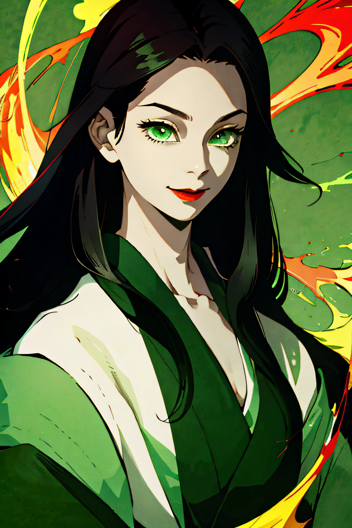 The woman, High, black hair, Loose straight hair,,,, hairlong, all black kimono, , narrow eyes, green colored eyes, small nose, red-lips, ssmile, big breastes