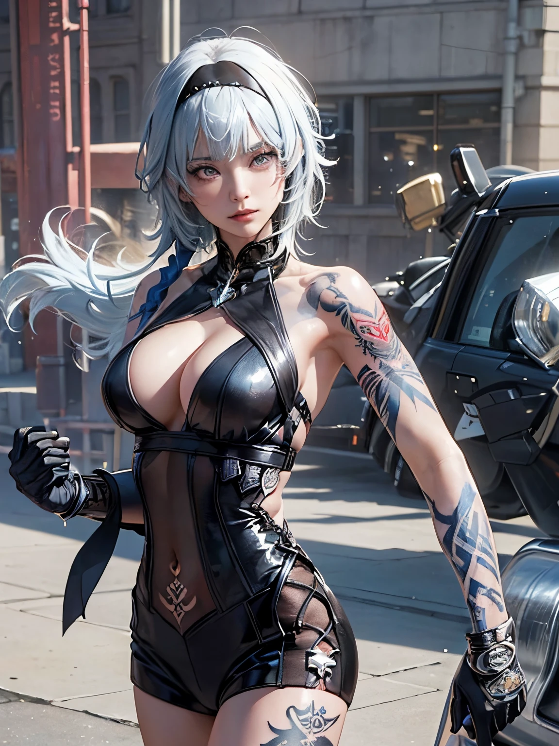 (( (tmasterpiece),(Very detailed CG Unity 8K wallpaper),(bustshot:1.5), best qualtiy,cinmatic lighting,Photorealsitic, 细致背景,Beautiful and detailed eyes,(Very fine and beautiful),(Beautiful and detailed eyes description),ultra - detailed,tmasterpiece,hight resolution)), Richly decorated armor, a beautiful woman warrior, Platinum Blonde Hair, cleavage of the breast, (Perfect Anatomy:1.2), ((The tattoo:1.6)), (Constricted waist)