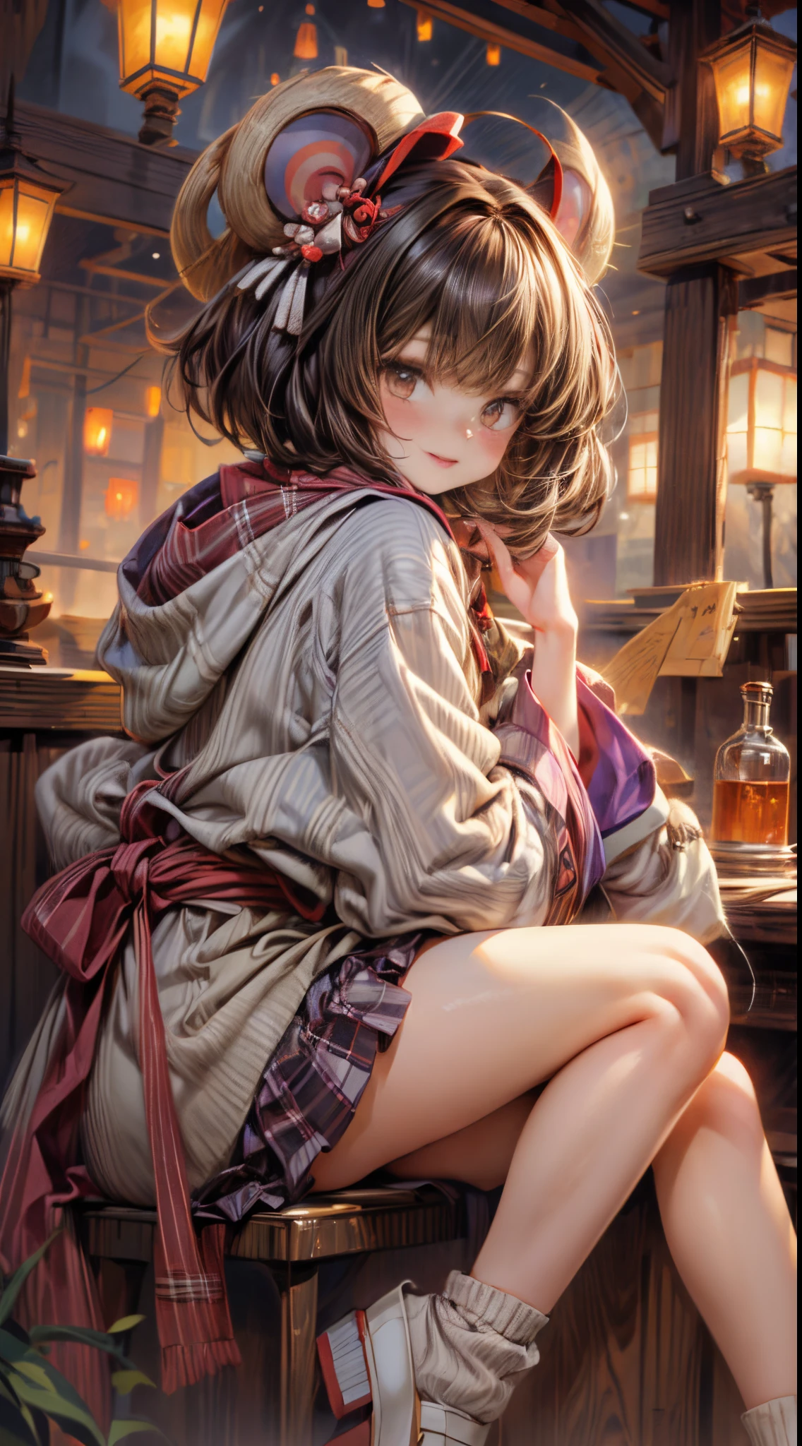 tmasterpiece、8K、32K、quality、(詳細な目)、Long brown hair,colours,(A lovely Japanese woman、through bangs)、23years old、1 girl in、Elegant、(Detailed background depiction、Potrat:1.2)、(bob cuts:1.3)、(lamplight、Yuki:1.4)、(slalom:1.2)、(wool poncho、Plaid mini skirt、upper legs, upper legs, upper legs:1.2),(face flushed、cheerful:1.4)、(Look from the bottom up:1.3)