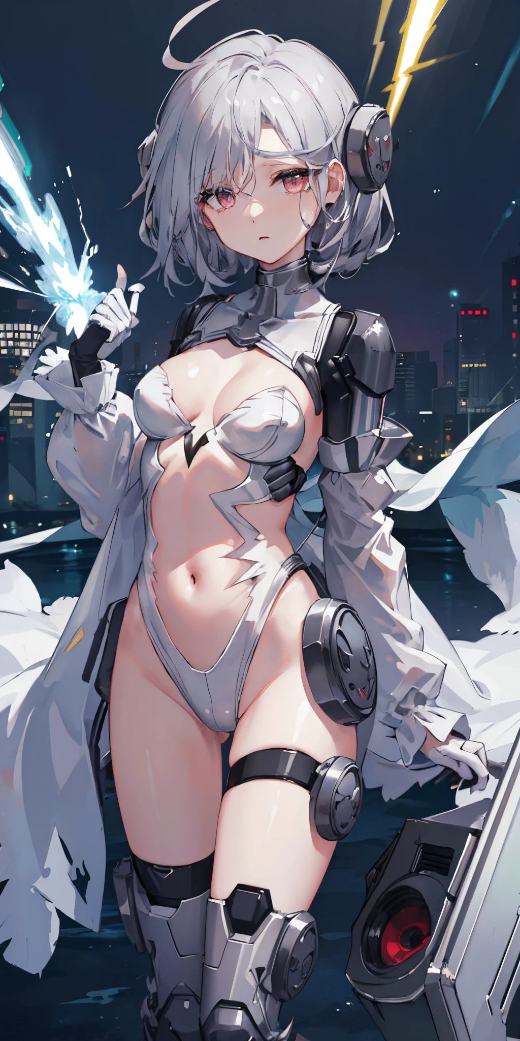 ((masterpiece:1.4, best quality))+, (ultra detailed)+,
1 girl,cyberpunk city,flat chest,wavy hair,mecha clothes,(robot girl),cool movement,silver bodysuit,colorful background,rainy days,(lightning effect),silver dragon armour,(cold face),cowboy shot,