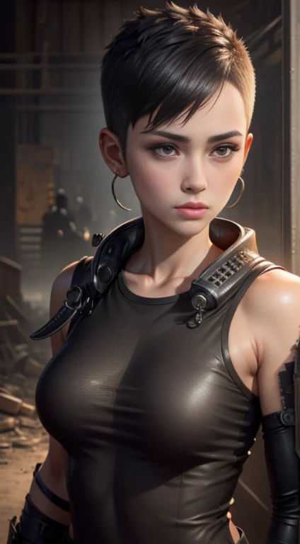 Quality (photo realistic style, UHD, 16k, Textured skin, superdetail, hight resolution), handsome girl, The perfect female face, 詳細な目, (Crew Cut: 1.5), apocalyptic world in the background