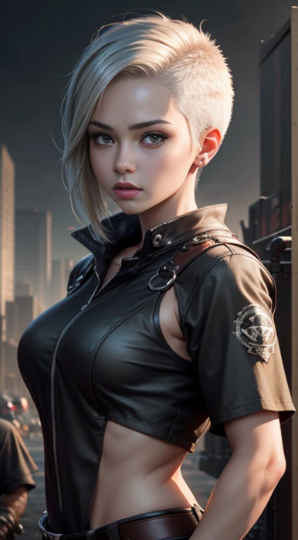 Quality (photo realistic style, UHD, 16k, Textured skin, superdetail, hight resolution), handsome girl, The perfect female face, 詳細な目, (crew cut: 1.5), apocalyptic world in the background