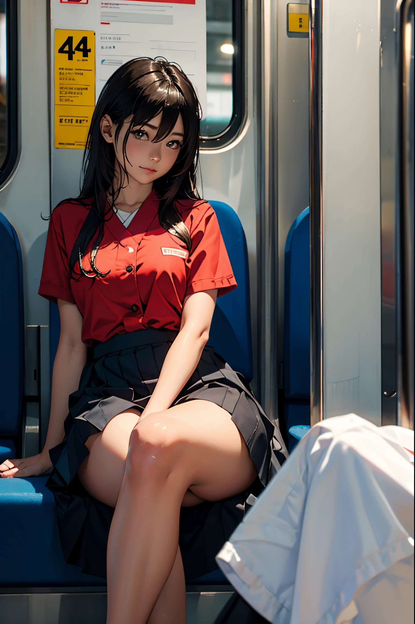 「(Masterpiece, High Quality, Ultra High Quality, 4K)A dark-haired、14-year-old Japan girl、Uniform skirt、Emphasis on the thighs、white thighhig,Soft thighs、Glossy thighs、Sitting on the train、Face-to-face angle,(Angle from below),Sitting in a train seat,Sitting at the front,Zoom camera in the crotch,Feet are on the floor of the train,full bodyesbian,Looking down and sleepy,Watching the viewer only」, best quality, ultra high definition, (photorealistic:1.4),, high resolution, detail, raw photo, sharp re, Nikon D850 film stock photo by Lee Jefferies 4 kodak portra 400 camera f1.6 lens rich colors hyper realistic lively textures dramatic lighting unreal engine artstation trends cinestir 800,A slight smil、