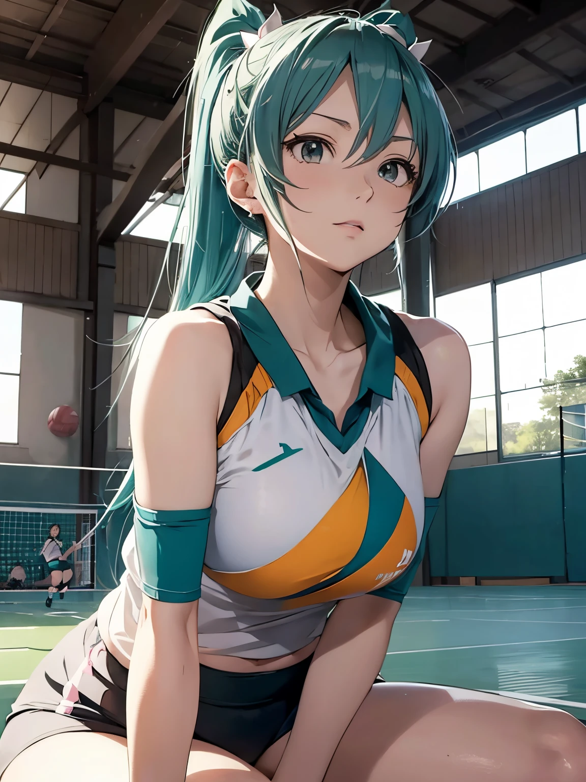 miku hatsune,Haikyuu,Beautiful breasts,1 Lady Solo, /(Volleyball uniform/), (masterpiece best quality:1.2) Ultra-detailed and delicate illustrations, (Indoor Volleyball Court/),Jump high,spikes,Serious face