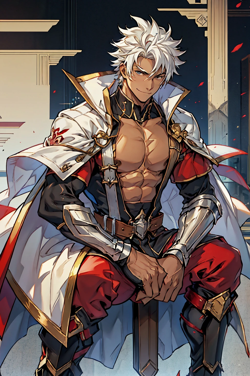The highest image quality,male persons,Gamine,1 boy,Young and beautiful,Exhibited,White hair,short-length straighthair,Dark skin,anime,anime wallpaper,Alone,malefocus,underdressing,Dilation of the pectoral muscles,Protruding red lid,City Fund,spread your legs,sexy for,(main part, Best quality at best),Red martin white stockings,