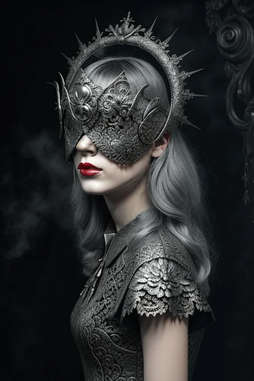 portrait a woman wearing a silver halo blind mask, gray hair, gothic dress, lace trim, tone mapped, detailed, highly detailed, digital painting, artstation, concept art, smooth, sharp focus, beautiful illustration, photo, backlit, dynamic lighting, fog, intricate, film grain, professional, taken by a canon eos r5, facing the viewer,full body , red lipes