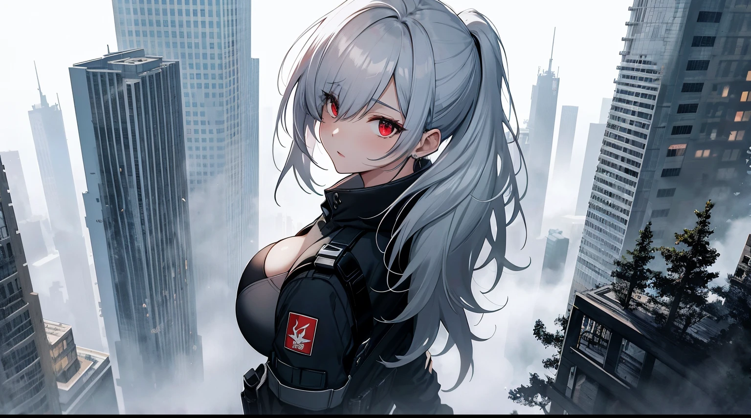 ((tmasterpiece:1.4, Best quality))+, (hyper-detailing)+, (exquisite red eye:1.5)+, (Detailed ears:1.5), (cute girls), (Tight white silk:1.5), Tight white silk, Long hair details,side pony tail,no headwear,(Black flowers:1.2), pale-skinned, (red cloth:1.5), (Black Martin boots:1.4), Towering trees in the city,Surrounded by huge black trees, The whole city shrouded in thick fog,Mechanicalweapon, Construction machinery,Giant black crystals are scattered throughout the city,Looking up at tall buildings from the street,Flying dust,Black flag,(Wanderers:1.1), (dawn light:1.2), ), (closeup cleavage:1.1), the only person, the clock tower, bright gray hair, hair covering one eye, Gloom (expressed), from back, from the above, Best quality, A high resolution, high detal, high high quality, 16k