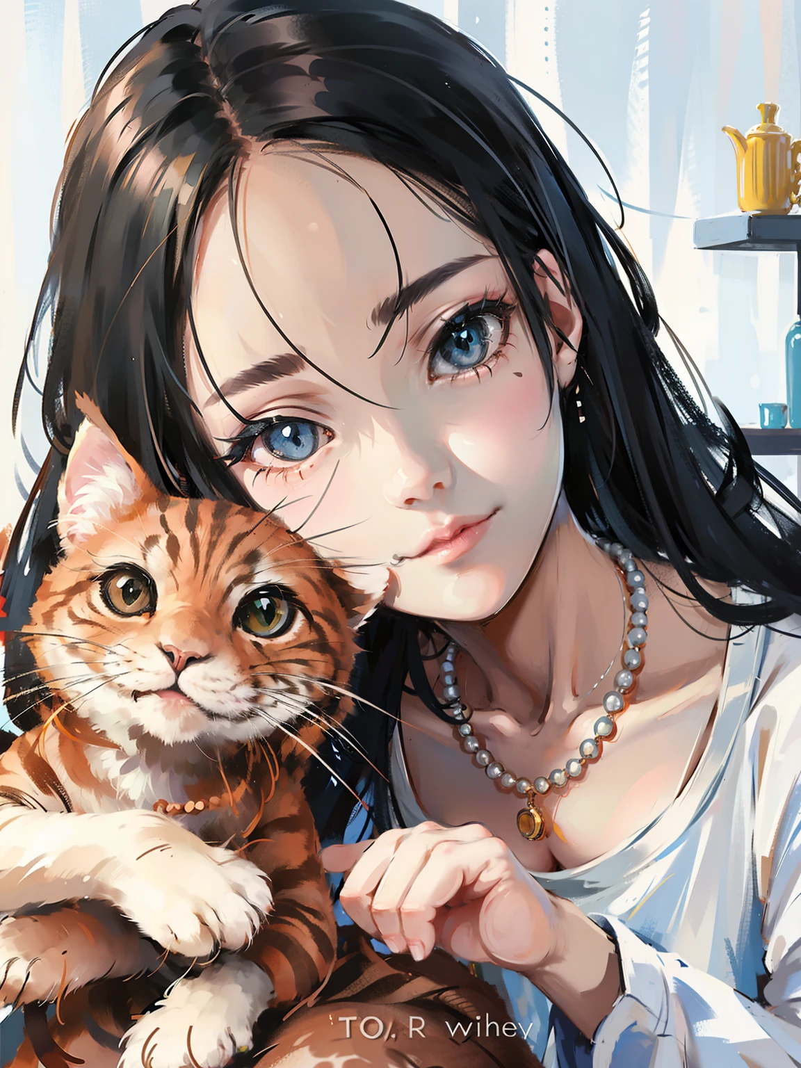 Has a cute and delicate face,  Hold a cat,Brunette girl holding a cat sitting in a cafe，black color hair，Cute cat，holding cat，White crewneck T-shirt，pearls necklace，ssmile