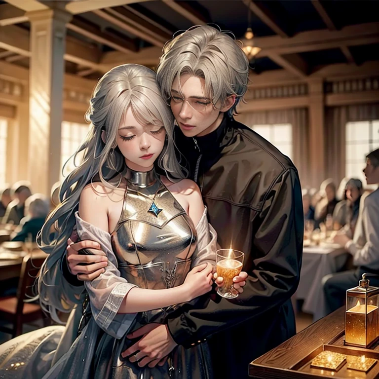 A golden-haired boy hugging a silver-haired girl And in the middle there a glowing crystal.