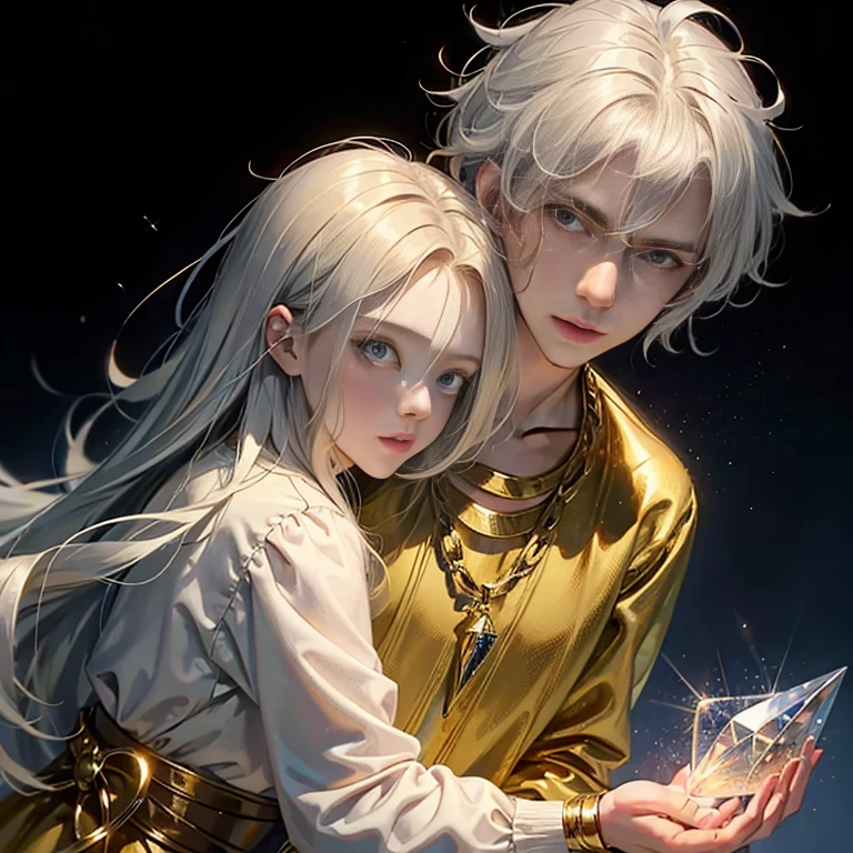 A golden-haired boy hugging a silver-haired girl And in the middle there a glowing crystal.