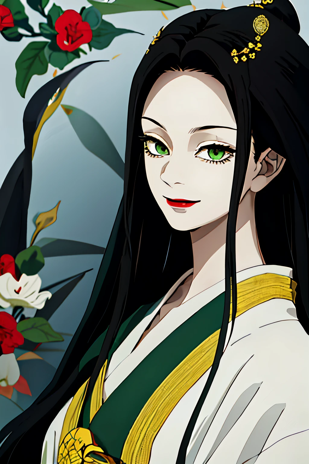 The woman, High, black hair, Loose straight hair,,,,, hairlong, all black kimono, , narrow eyes, green colored eyes, small nose, red-lips, ssmile, big breastes, neckline on the chest