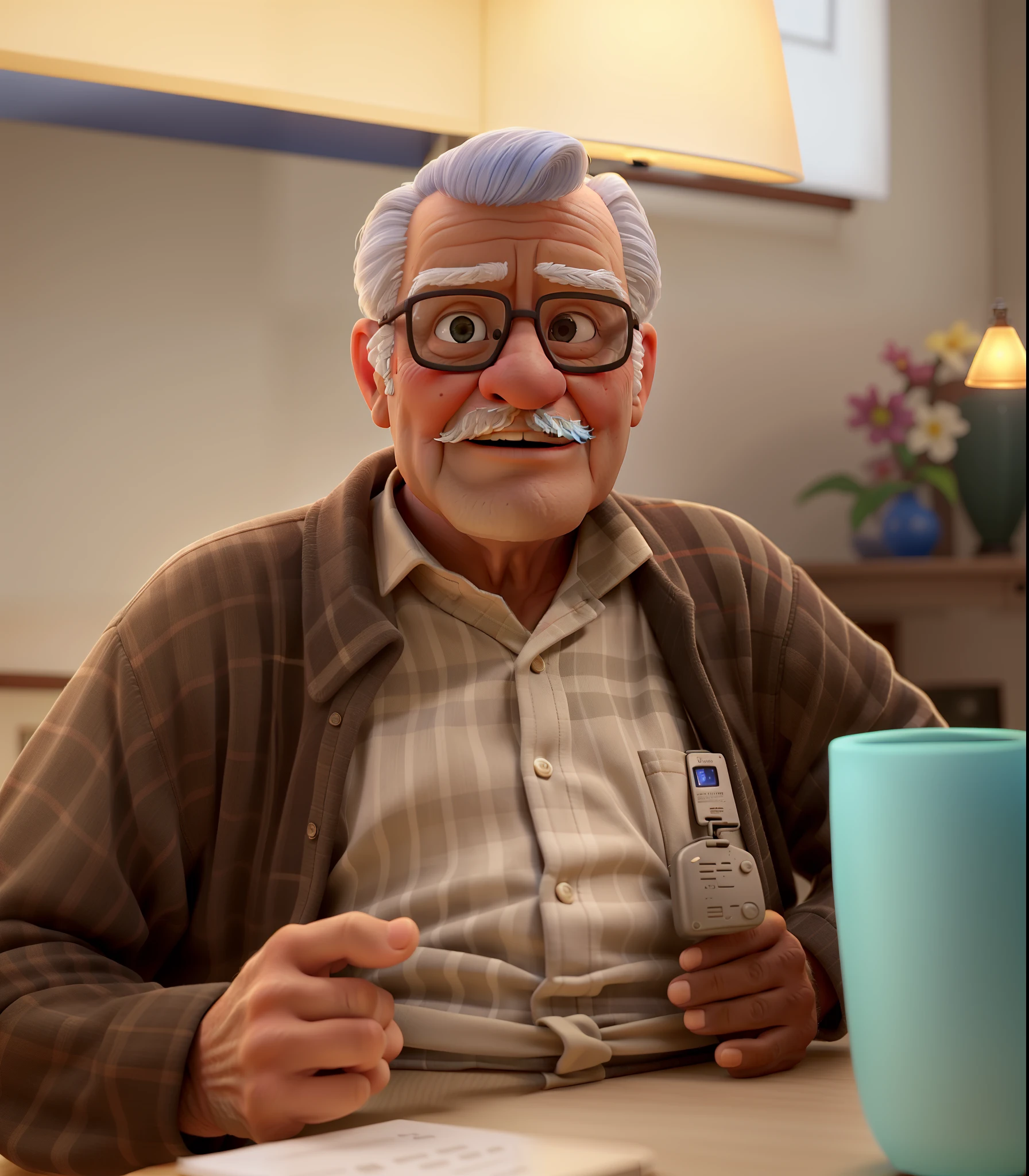A wise old man standing in front, illuminated by the light of a lamp, contra o pano de fundo de uma empresa, com uma blusa azul, Short hair slicked back