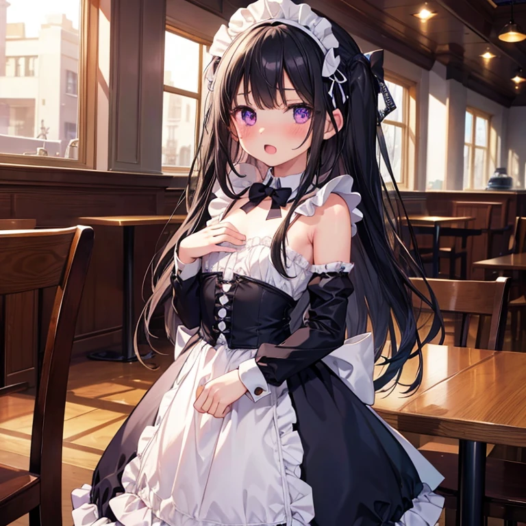 high quality, detailed, 1girl, infant, 10 years old, flat breast, naked, black hair, long hair, deep purple eyes, half open mouth, ashamed, blush, maid, hands behind, standing, in cafe,