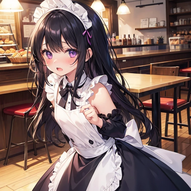 high quality, detailed, 1girl, , 10 yea breast, naked, blar, long deep purple eyes, half open mouth, ashamed, blush, maid, hands behind, standing, in cafe,