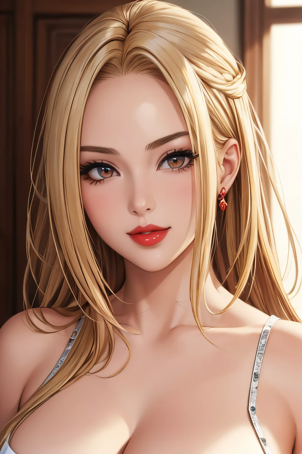 1girl in,Beautiful fashion models、（Mate Pieces, Detailed background, Best Quality), Shiny hair,Blonde hair,Smirk,juicy lips,Red lips,