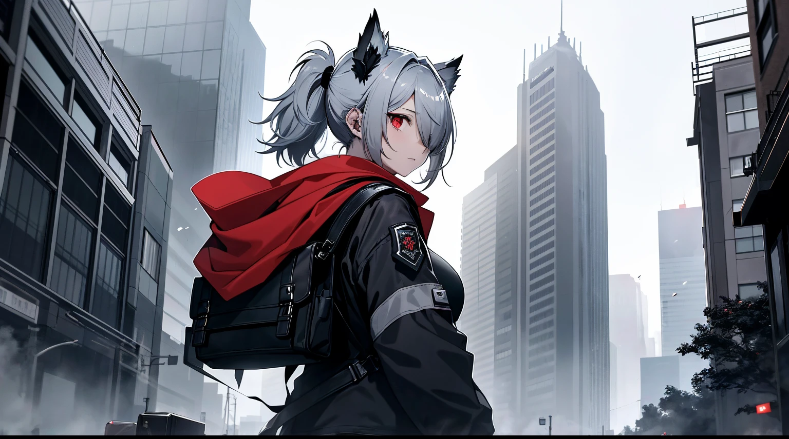 ((tmasterpiece:1.4, Best quality at best))+, (hyper-detailing)+, (exquisite red eye:1.5)+, (Detailed ears:1.5), (cute girls), (Tight white silk:1.5), Tight white silk, Long hair details,side pony tail,no headwear,(Black flowers:1.2), pale-skinned, (red cloth:1.5), (Black Martin boots:1.4), Towering trees in the city,Surrounded by huge black trees, The whole city shrouded in thick fog,Mechanicalweapon, Construction machinery,Giant black crystals are scattered throughout the city,Looking up at tall buildings from the street,Flying dust,black flag,Dragon in the clouds,(Wanderers:1.1), (dawn light:1.2), ), (closeup cleavage:1.1), the only person, the clock tower, bright gray hair, hair covering one eye, Gloom (Expressing the), from back, from the above, Best quality at best, A high resolution, high detal, high high quality, 16k