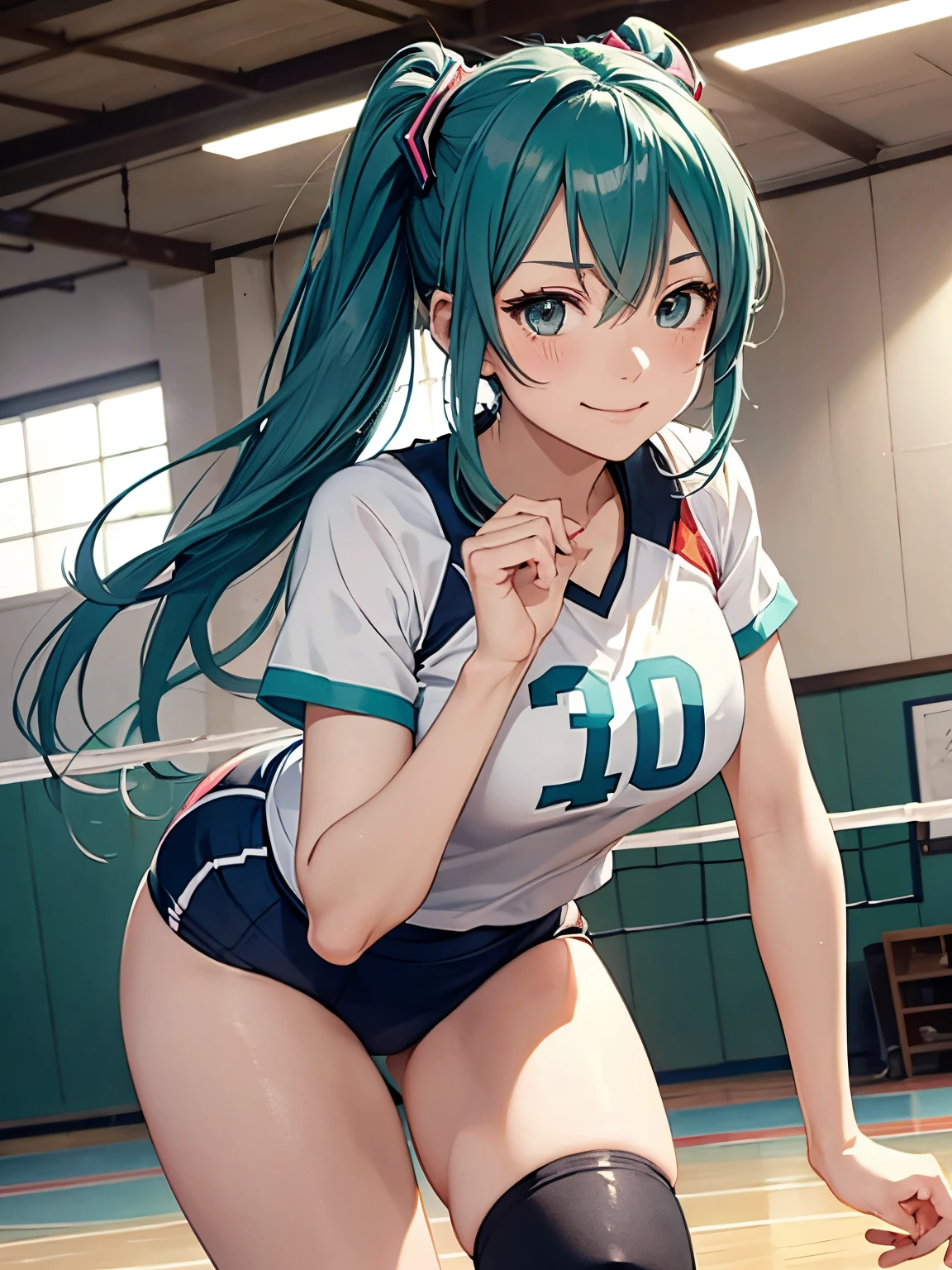 miku hatsune,Haikyuu,Beautiful breasts,1 Lady Solo, /(Volleyball uniform/), (masterpiece best quality:1.2) Ultra-detailed and delicate illustrations, (Indoor Volleyball Court/),Jump high,spikes,Soft smile