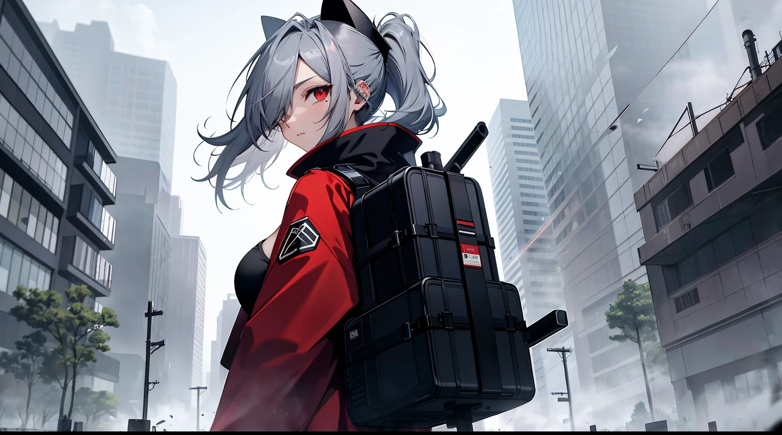 （（tmasterpiece：1.4, Best quality at best））+, （hyper-detailing）+, （exquisite red eye：1.5）+, （Detailed ears：1.5）, （cute girls）, （Tight white silk：1.5）, Tight white silk, Long hair details，side pony tail，no headwear，（Black flowers：1.2）, pale-skinned, （red cloth：1.5）, （Black Martin boots：1.4）, Towering trees in the city，Surrounded by huge black trees, The whole city  shrouded in thick fog,Mechanicalweapon， Construction machinery，Giant black crystals are scattered throughout the city，Looking up at tall buildings from the street，Flying dust，black flag，Dragon in the clouds，（Wanderers：1.1）, （dawn light：1.2）, ）, （closeup cleavage：1.1）, the only person, the clock tower, bright gray hair, hair covering one eye, Gloom (Expressing the), from back, from the above, Best quality at best, A high resolution, high detal, high high quality, 16k